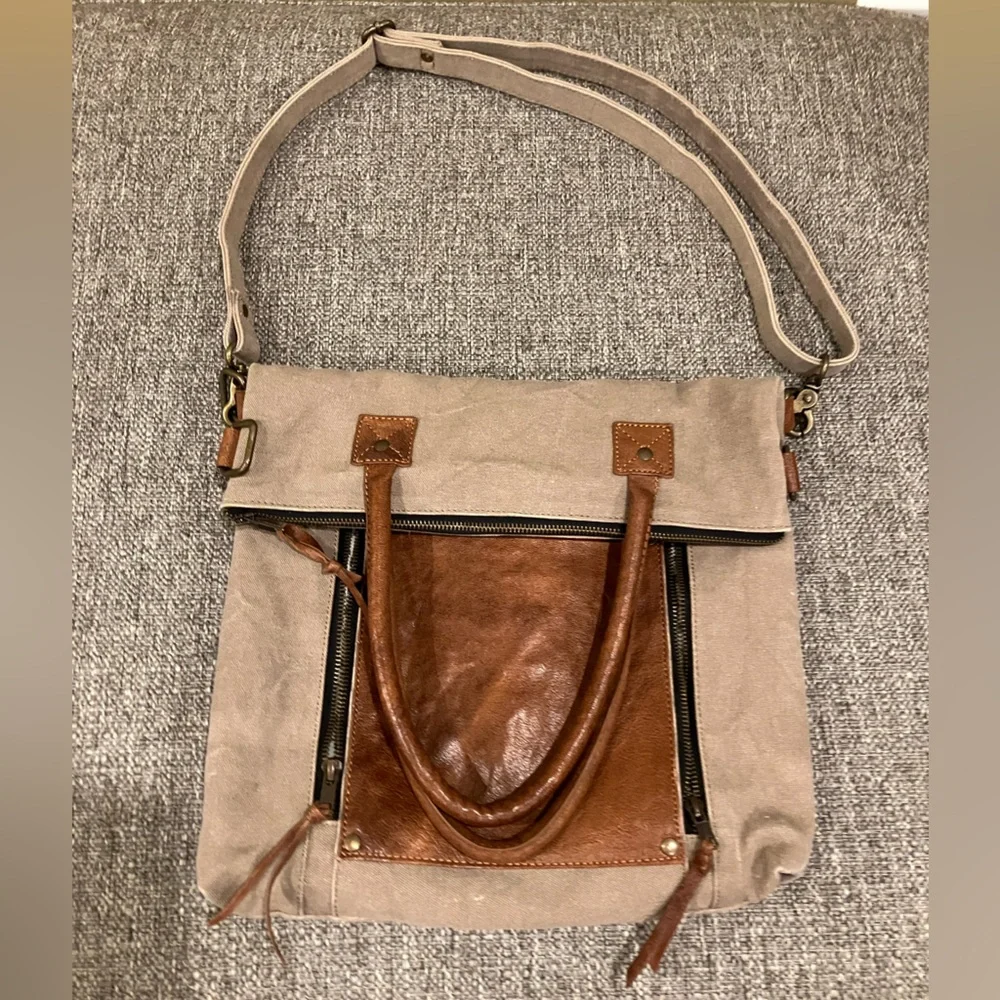 Mona B canvas/leather convertible crossbody satchel - Picture 3 of 10